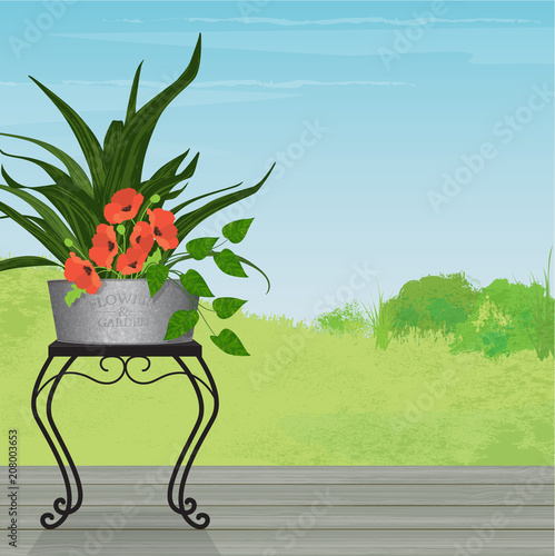 Relaxing garden patio deck with cute metal table and galvanized metal planter. Mixed plants and colorful poppies with beautiful landscape in background. Flat style vector with some painterly detail an