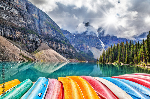 Row of Kayaks on Moraine Lake in the Canadian Rockies