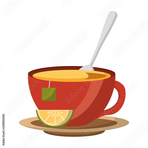 tea cup hot with leaves bag on dish vector illustration
