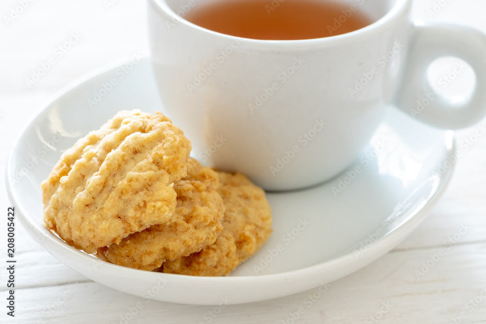Cereal cookies and tea, selective focus. Cereal cookies and tea, selective focus.