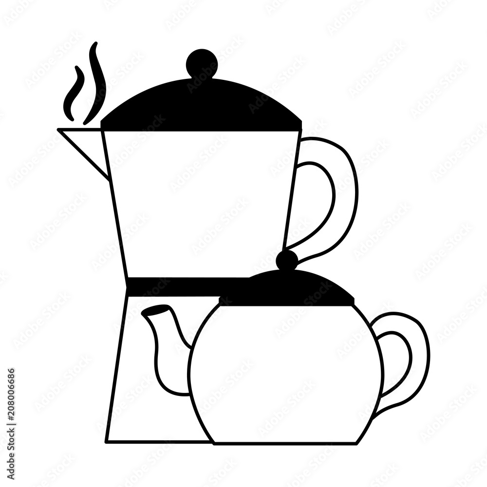 Obraz premium coffee maker and tea pot ceramic kitchen supplies vector illustration black and white black and white