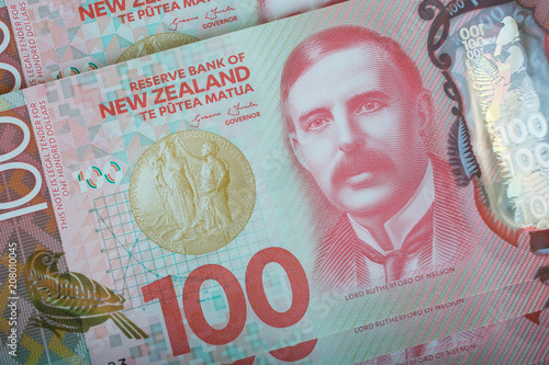 Closeup of New Zealand banknote 100$ dollars. © boyloso