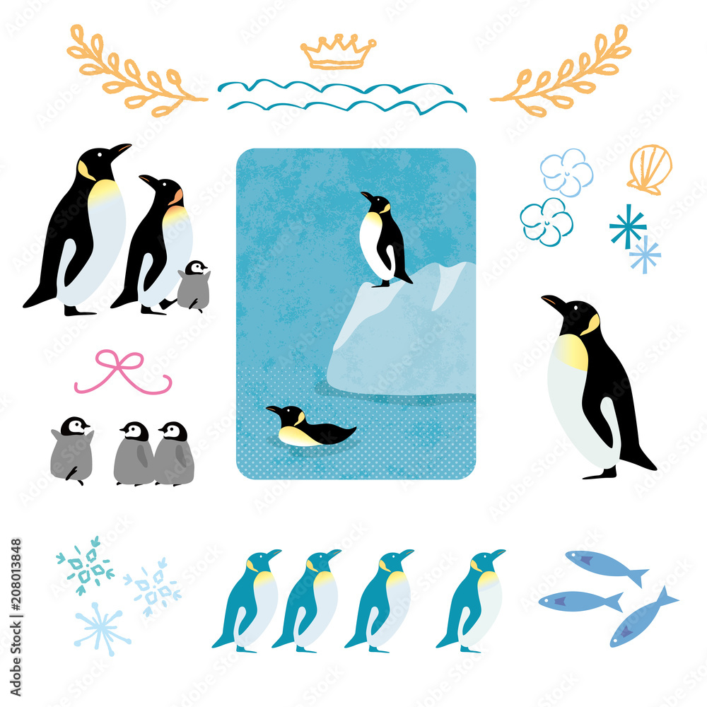 Naklejka premium Letni pingwin ilustracja zestaw ikon