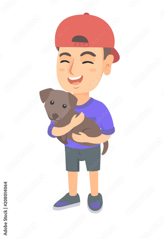 Caucasian happy smiling boy in a cap holding a small dog. Full length of cheerful little boy with a dog in his hands. Vector sketch cartoon illustration isolated on white background. Caucasian happy smiling boy in a cap holding a small dog. Full length of cheerful little boy with a dog in his hands. Vector sketch cartoon illustration isolated on white background.