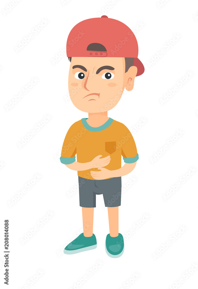 Caucasian sad boy having stomach ache. Little boy touching his belly and suffering from stomach ache. Boy having problems with stomach. Vector sketch cartoon illustration isolated on white background. Caucasian sad boy having stomach ache. Little boy touching his belly and suffering from stomach ache. Boy having problems with stomach. Vector sketch cartoon illustration isolated on white background.