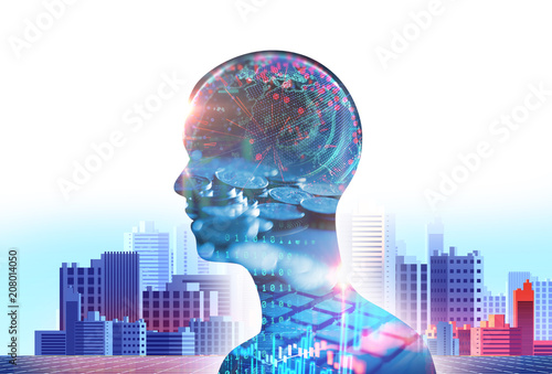 silhouette of virtual human on abstract technology 3d illustration