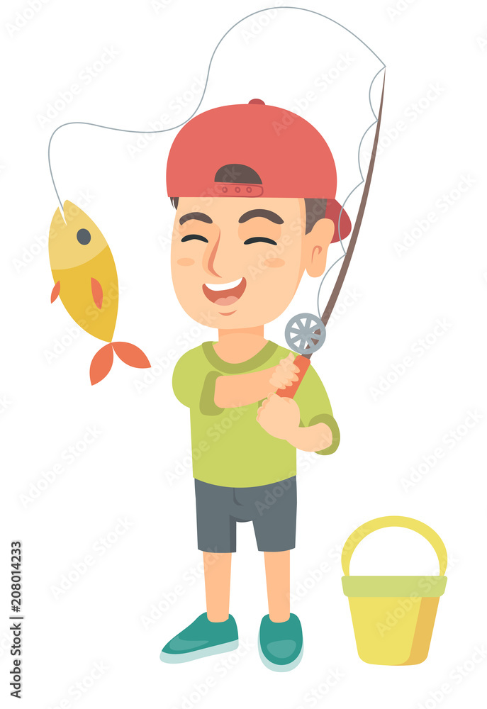Cheerful caucasian little boy fishing. Smiling boy standing near