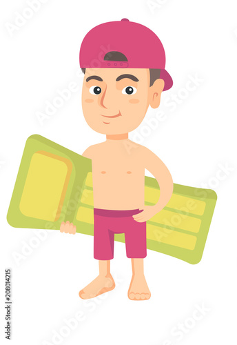 Little happy caucasian boy in shorts holding green inflatable mattress. Smiling boy with inflatable mattress for swimming. Vector sketch cartoon illustration isolated on white background.