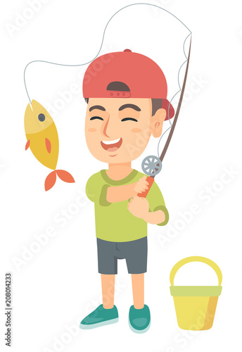 Cheerful caucasian little boy fishing. Smiling boy standing near the bucket for fish and holding fishing rod with fish on a hook. Vector sketch cartoon illustration isolated on white background.