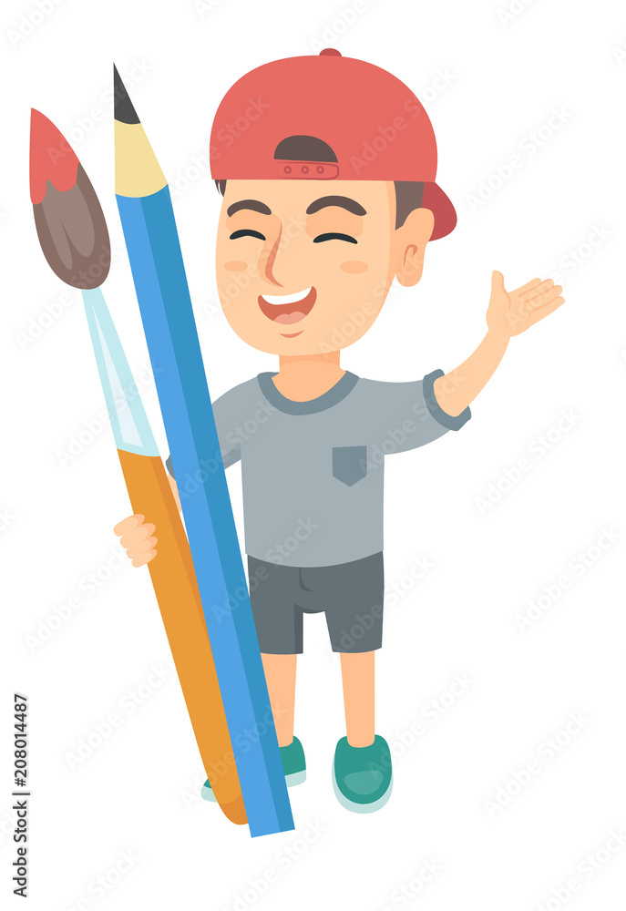 Smiling caucasian boy holding big pencil and paintbrush. Full length of happy laughing boy with huge pencil and paintbrush. Vector sketch cartoon illustration isolated on white background. Smiling caucasian boy holding big pencil and paintbrush. Full length of happy laughing boy with huge pencil and paintbrush. Vector sketch cartoon illustration isolated on white background.