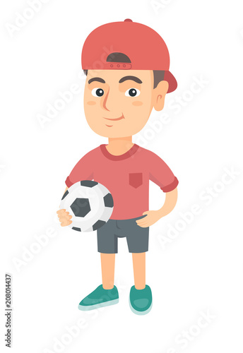 Little smiling caucasian boy holding a football ball. Young happy boy playing football. Soccer player with a ball. Vector sketch cartoon illustration isolated on white background.