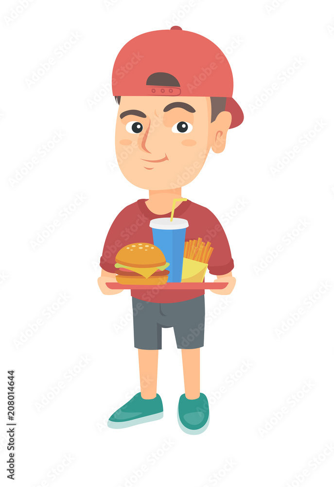 Little caucasian boy holding a tray with fast food. Smiling boy eating cheeseburger with french fries and soda. Vector sketch cartoon illustration isolated on white background. Little caucasian boy holding a tray with fast food. Smiling boy eating cheeseburger with french fries and soda. Vector sketch cartoon illustration isolated on white background.