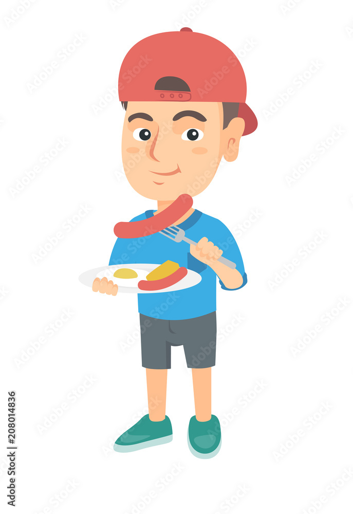 Little caucasian boy eating sausage and fried egg for breakfast. Young smiling boy holding fork and plate with sausage and fried egg. Vector sketch cartoon illustration isolated on white background. Little caucasian boy eating sausage and fried egg for breakfast. Young smiling boy holding fork and plate with sausage and fried egg. Vector sketch cartoon illustration isolated on white background.