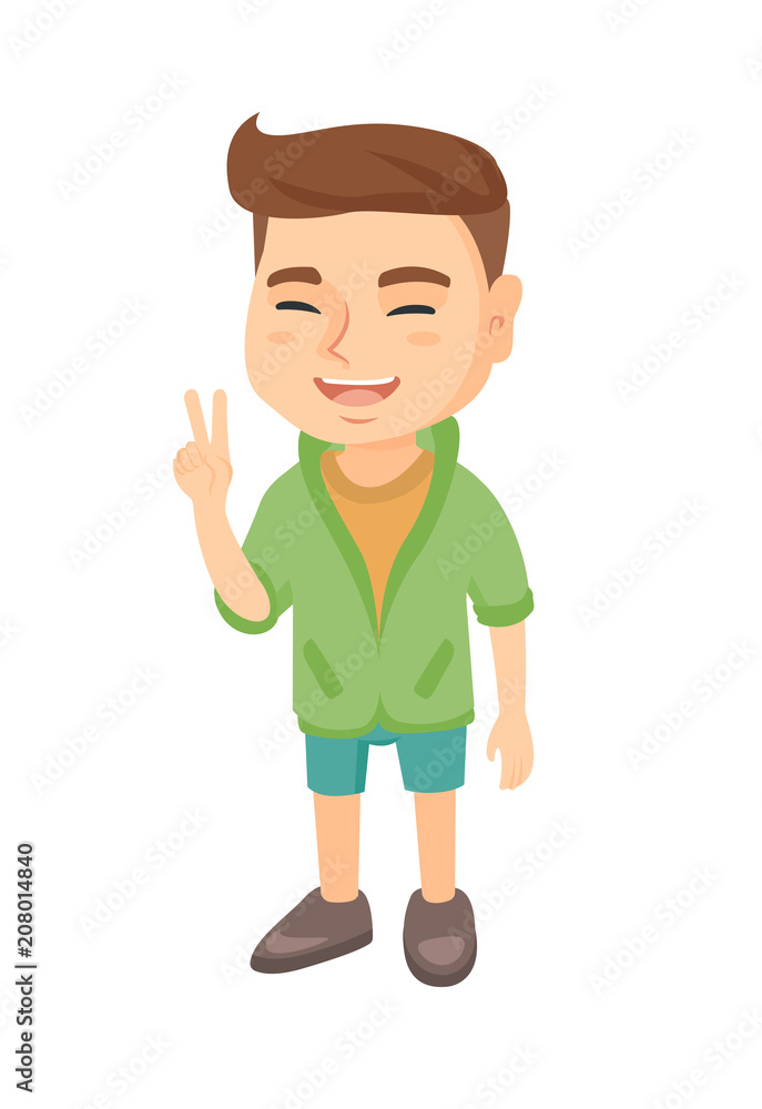 Caucasian boy showing victory gesture. Little boy showing victory sign with two fingers. Vector sketch cartoon illustration isolated on white background. Caucasian boy showing victory gesture. Little boy showing victory sign with two fingers. Vector sketch cartoon illustration isolated on white background.
