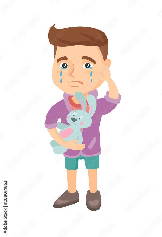 Caucasian boy crying and wiping the tears away. Little boy crying and holding toy rabbit in hand. Vector sketch cartoon illustration isolated on white background.