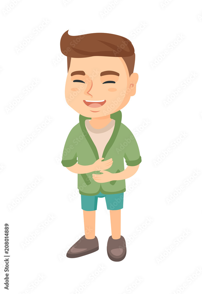 Caucasian cheerful boy laugh hysterically. Happy little boy laughing with closed eyes. Vector sketch cartoon illustration isolated on white background.