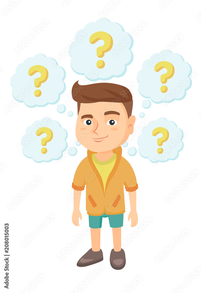 Caucasian thinking boy with question marks. Thoughtful little boy standing  under question marks above his head. Vector sketch cartoon illustration  isolated on white background. Stock Vector | Adobe Stock
