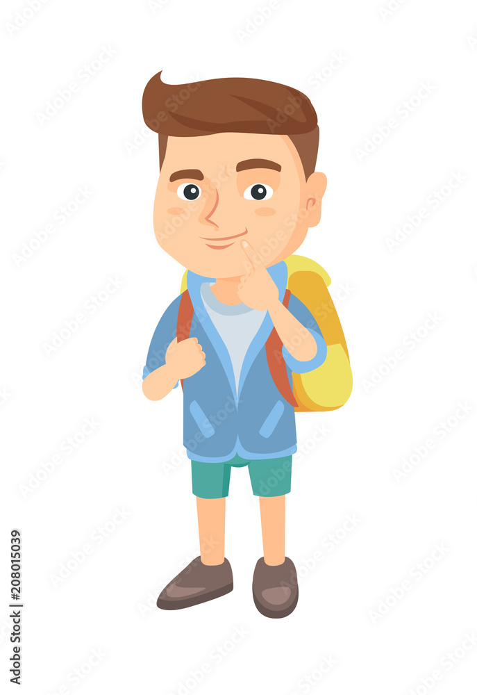Thoughtful little boy thinking and holding finger on his chin. Caucasian little  boy with school bag thinking. Vector sketch cartoon illustration isolated  on white background. Stock Vector | Adobe Stock