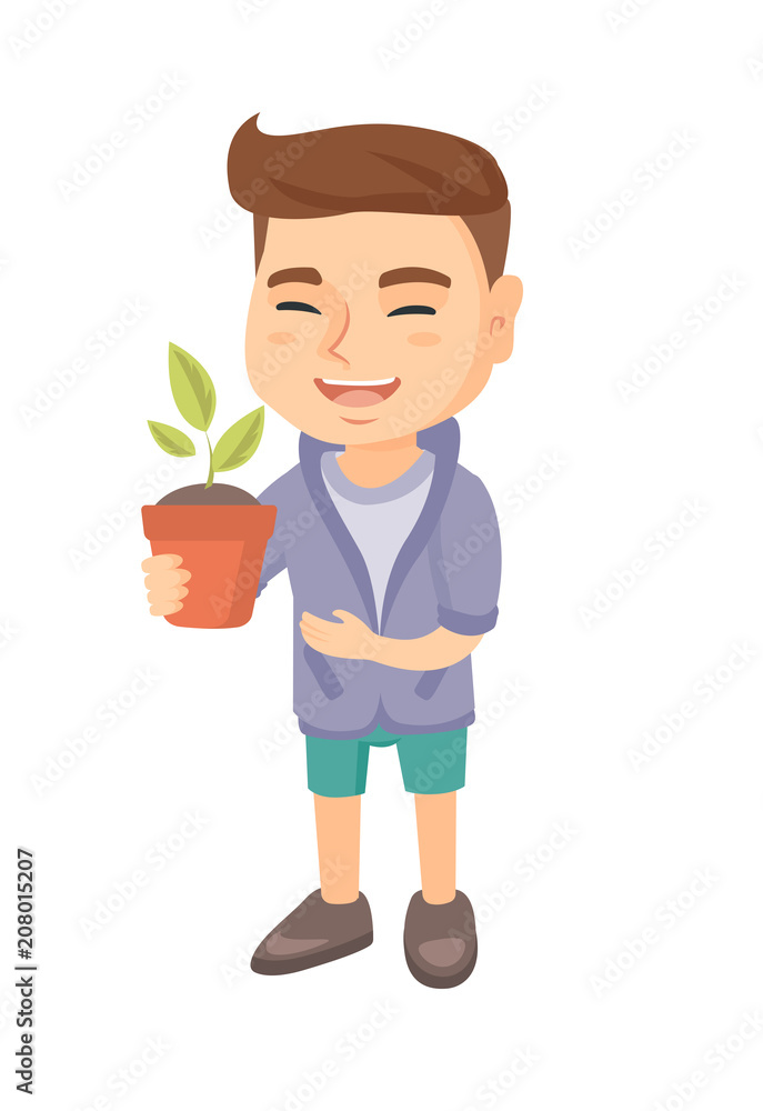 Caucasian smiling boy holding a potted plant in hand. Full length of happy boy laughing and holding a flower in a pot. Vector sketch cartoon illustration isolated on white background. Caucasian smiling boy holding a potted plant in hand. Full length of happy boy laughing and holding a flower in a pot. Vector sketch cartoon illustration isolated on white background.