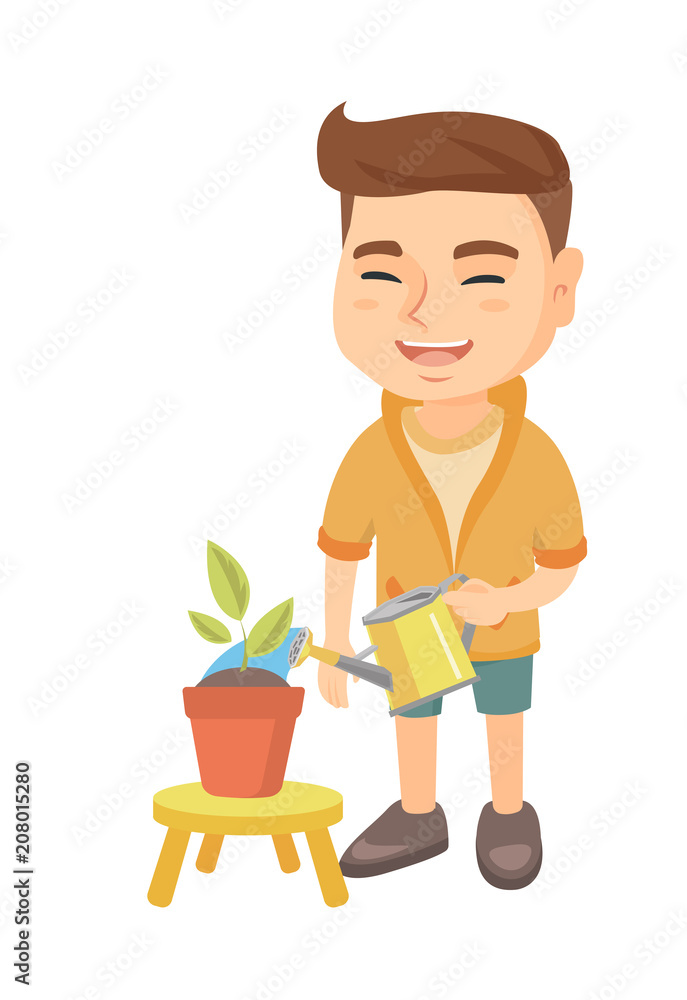 Caucasian boy watering plant with a watering can. Little laughing boy watering a flower growing in a pot. Vector sketch cartoon illustration isolated on white background. Caucasian boy watering plant with a watering can. Little laughing boy watering a flower growing in a pot. Vector sketch cartoon illustration isolated on white background.