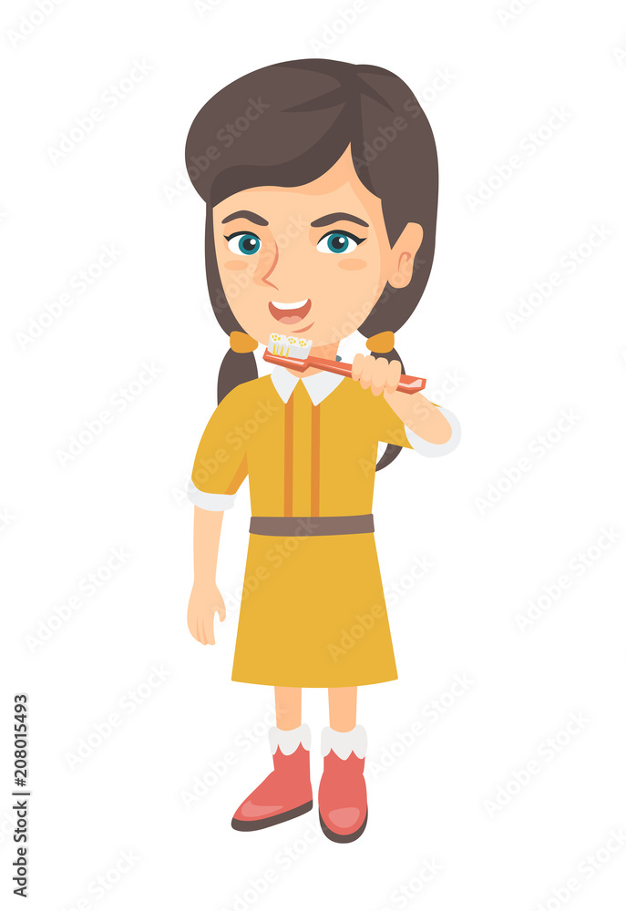 Caucasian little girl brushing her teeth. Happy girl cleaning her teeth. Cheerful girl holding toothbrush in hand. Vector sketch cartoon illustration isolated on white background.