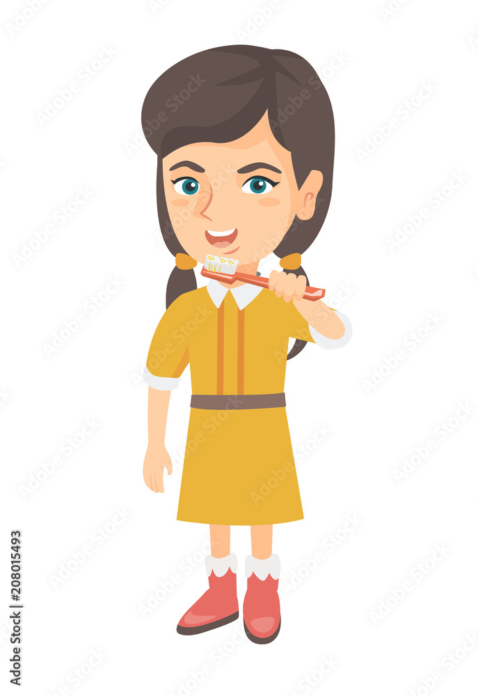 Caucasian little girl brushing her teeth. Happy girl cleaning her teeth. Cheerful girl holding toothbrush in hand. Vector sketch cartoon illustration isolated on white background. Caucasian little girl brushing her teeth. Happy girl cleaning her teeth. Cheerful girl holding toothbrush in hand. Vector sketch cartoon illustration isolated on white background.