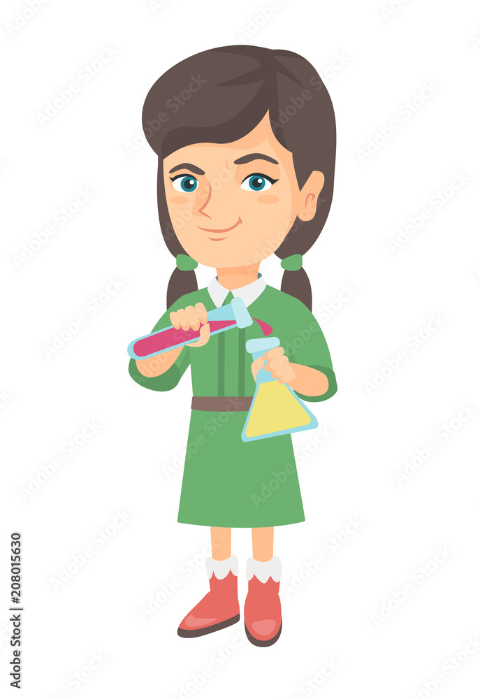 Caucasian girl pouring liquid from a test tube and into a flask. Little girl making an experiment with a test tube and a flask. Vector sketch cartoon illustration isolated on white background. Caucasian girl pouring liquid from a test tube and into a flask. Little girl making an experiment with a test tube and a flask. Vector sketch cartoon illustration isolated on white background.