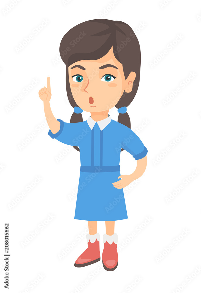 Happy little caucasian girl with open mouth pointing finger up. Surprised girl with open mouth came up with a creative idea. Vector sketch cartoon illustration isolated on white background. Happy little caucasian girl with open mouth pointing finger up. Surprised girl with open mouth came up with a creative idea. Vector sketch cartoon illustration isolated on white background.
