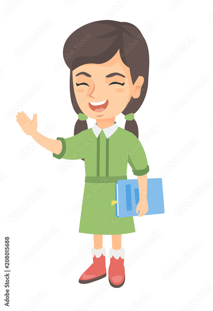 Cheerful caucasian laughing girl holding a book and waving. Full length of little laughing girl with a book. Education concept. Vector sketch cartoon illustration isolated on white background