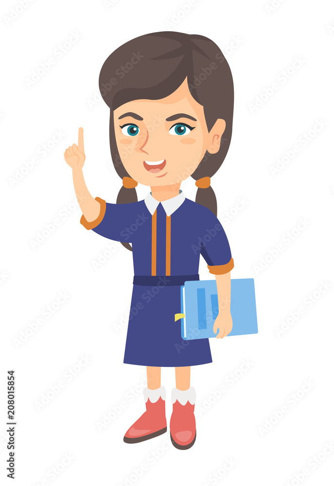 Caucasian schoolgirl holding textbook and pointing her forefinger up. Smiling schoolgirl pointing forefinger up. Vector sketch cartoon illustration isolated on white background.