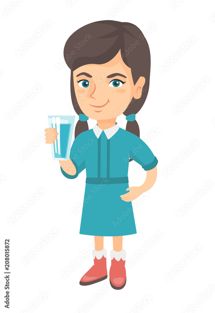 Little caucasian girl holding a glass of water in her hand. Smiling girl  with water in a glass. Girl drinking water. Vector sketch cartoon  illustration isolated on white background. Stock Vector |