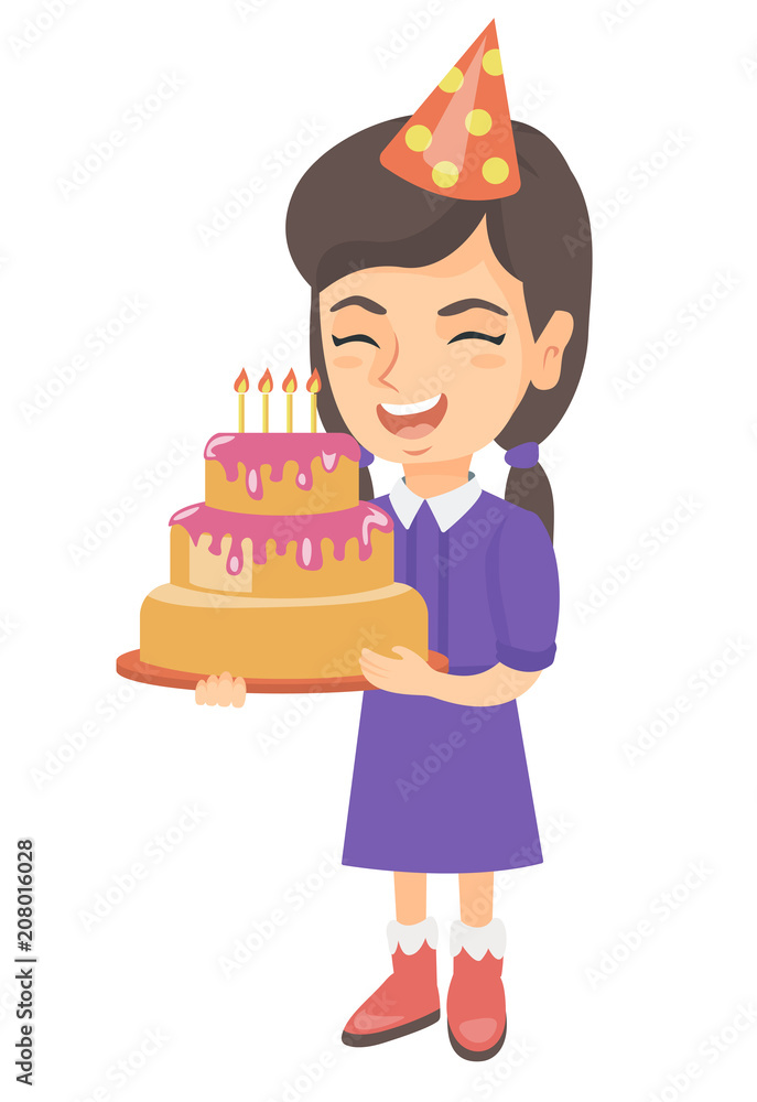 Little happy caucasian child in cap holding a birthday cake with candles. Cheerful laughing girl celebrating her birthday with a cake. Vector sketch cartoon illustration isolated on white background. Little happy caucasian child in cap holding a birthday cake with candles. Cheerful laughing girl celebrating her birthday with a cake. Vector sketch cartoon illustration isolated on white background.