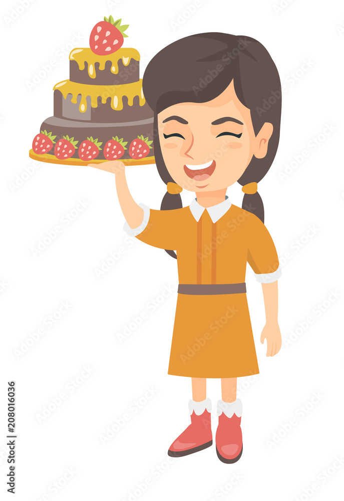 Little caucasian girl holding a strawberry cake. Full length of cheerful smiling girl standing with a chocolate cake in hands. Vector sketch cartoon illustration isolated on white background. Little caucasian girl holding a strawberry cake. Full length of cheerful smiling girl standing with a chocolate cake in hands. Vector sketch cartoon illustration isolated on white background.