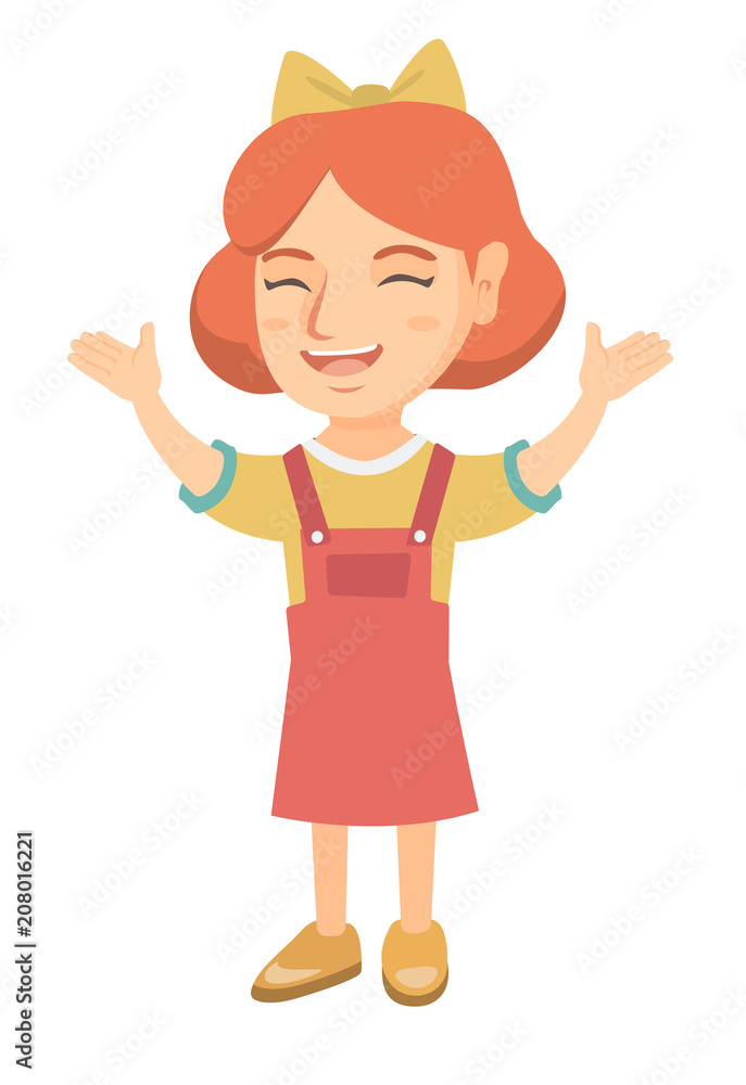 Cheerful caucasian girl standing with hands raised in the air. Full length of happy girl raising her hands and celebrating success. Vector sketch cartoon illustration isolated on white background. Cheerful caucasian girl standing with hands raised in the air. Full length of happy girl raising her hands and celebrating success. Vector sketch cartoon illustration isolated on white background.