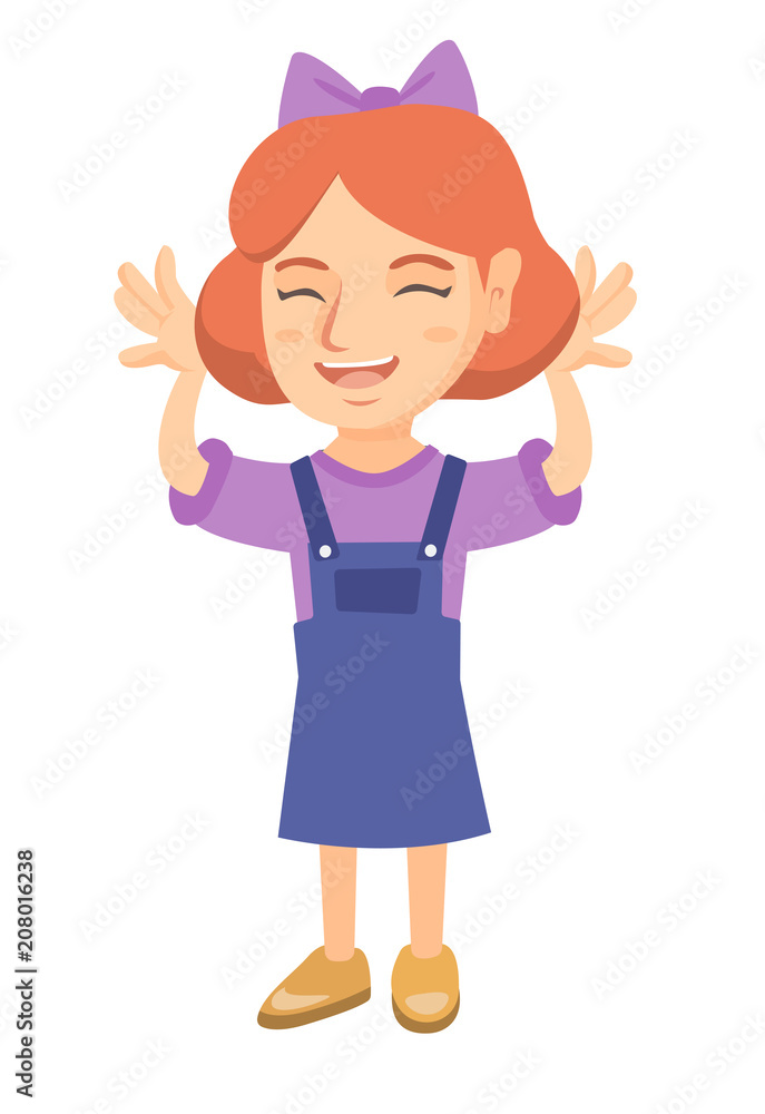 Funny caucasian girl making a grimace and playing with her hands. Happy little girl teasing with hands. Vector sketch cartoon illustration isolated on white background. Funny caucasian girl making a grimace and playing with her hands. Happy little girl teasing with hands. Vector sketch cartoon illustration isolated on white background.