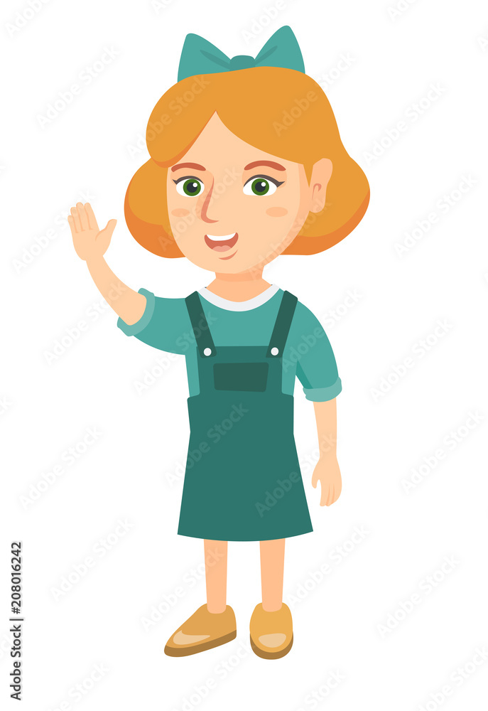 Caucasian little girl waving her hand. Cheerful girl making greeting gesture - waving hand. Vector sketch cartoon illustration isolated on white background. Caucasian little girl waving her hand. Cheerful girl making greeting gesture - waving hand. Vector sketch cartoon illustration isolated on white background.