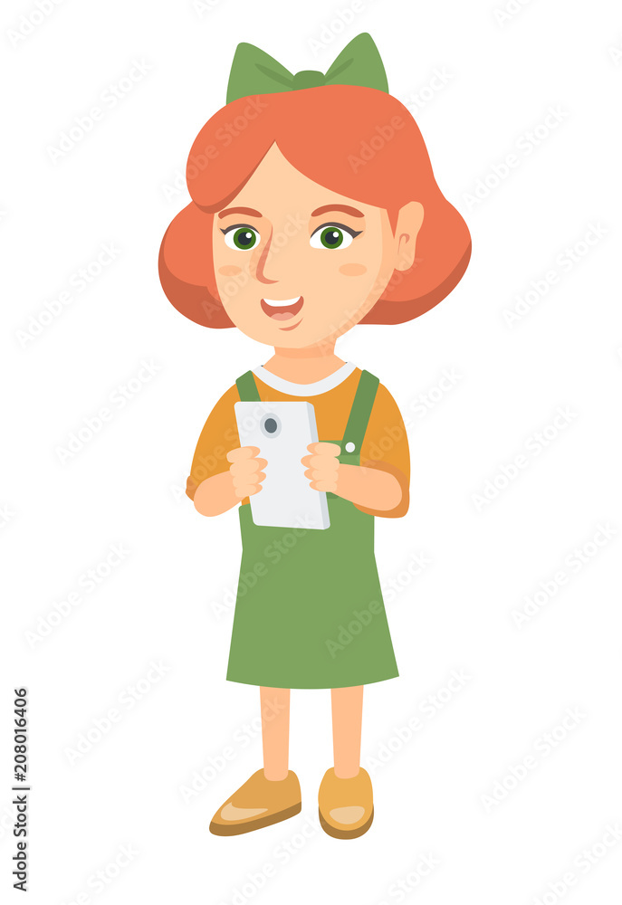 Caucasian girl using a smartphone. Little girl addicted to her smartphone. Smiling girl playing game on a mobile phone. Vector sketch cartoon illustration isolated on white background. Caucasian girl using a smartphone. Little girl addicted to her smartphone. Smiling girl playing game on a mobile phone. Vector sketch cartoon illustration isolated on white background.
