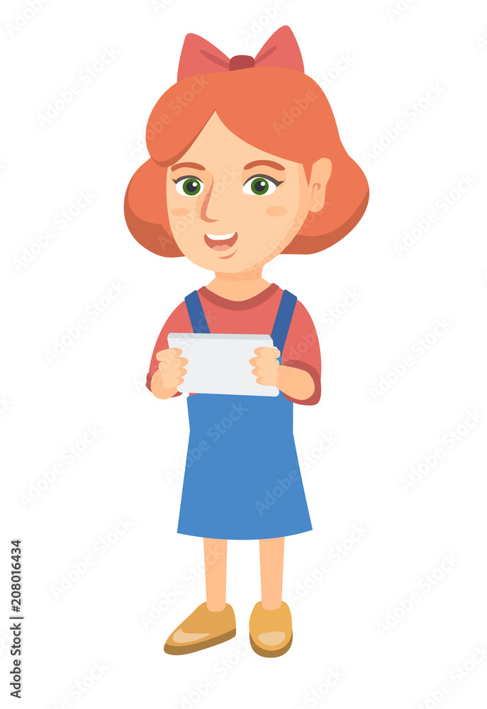Little caucasian girl using a tablet computer. Smiling girl holding digital tablet in hands. Happy girl playing with digital tablet. Vector sketch cartoon illustration isolated on white background. Little caucasian girl using a tablet computer. Smiling girl holding digital tablet in hands. Happy girl playing with digital tablet. Vector sketch cartoon illustration isolated on white background.