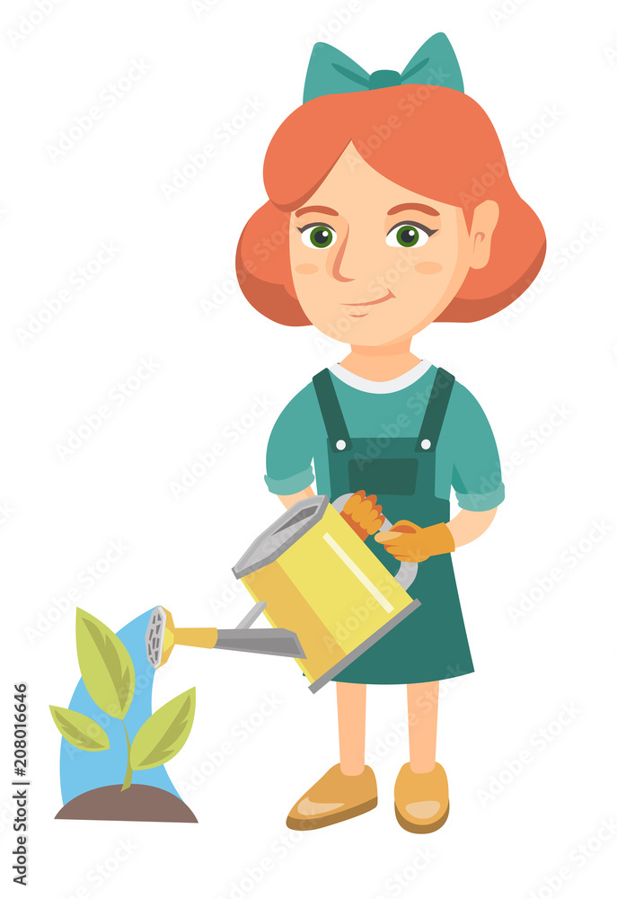 Caucasian girl wearing garden gloves and watering plant with a watering can. Little girl gardening and watering a plant. Vector sketch cartoon illustration isolated on white background. Caucasian girl wearing garden gloves and watering plant with a watering can. Little girl gardening and watering a plant. Vector sketch cartoon illustration isolated on white background.