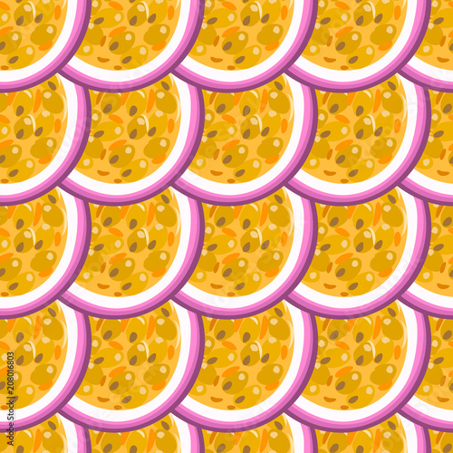 Seamless pattern with tropical fruits. Healthy dessert. Fruity background. Passion fruit. Exotic food. Wrapping, print on clothes, wallpaper, summer banner. Vector illustration, eps10