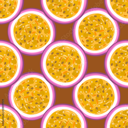 Seamless pattern with tropical fruits. Healthy dessert. Fruity background. Passion fruit. Exotic food. Wrapping, print on clothes, wallpaper, summer banner. Vector illustration, eps10