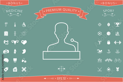 Speaker, orator speaking from tribune - line icon