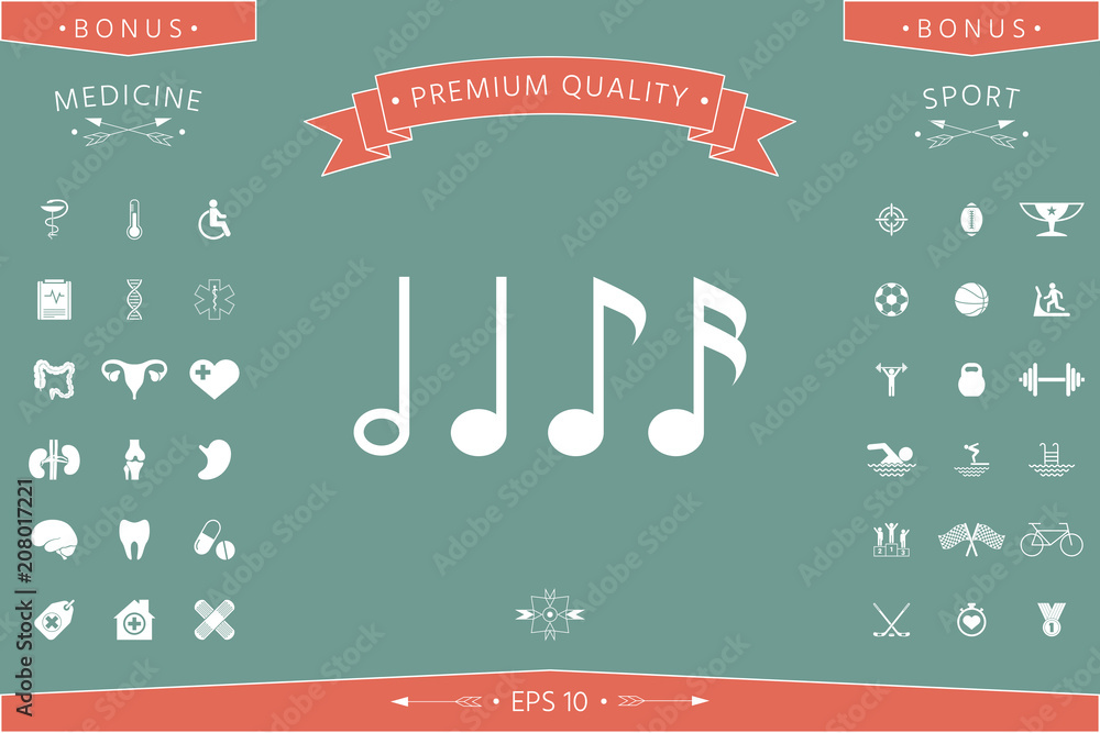 Symbol of Music, notes. Sixteenth note, Eighth note, quarter note and ...