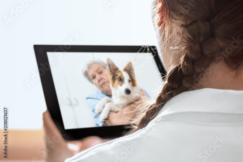 Foto Tierärztin mit Tablet in der Hand, Seniorin mit Hund, Telemedizin und Beratung ü