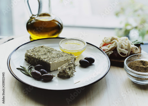 Spiced cheese block served with vegetables photo