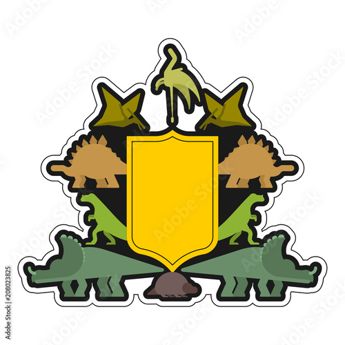 Dinosaur and Shield heraldic symbol. Dino Sign Prehistoric beast for coat of arms. Archeology sign. Vector illustration