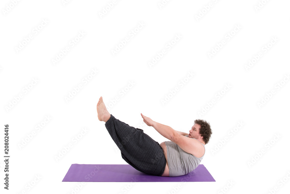Fototapeta premium Funny fat man and yoga. White background.