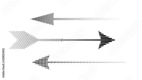 Icons of halftone arrows. Set of abstract vector arrows from dots isolated on white background.