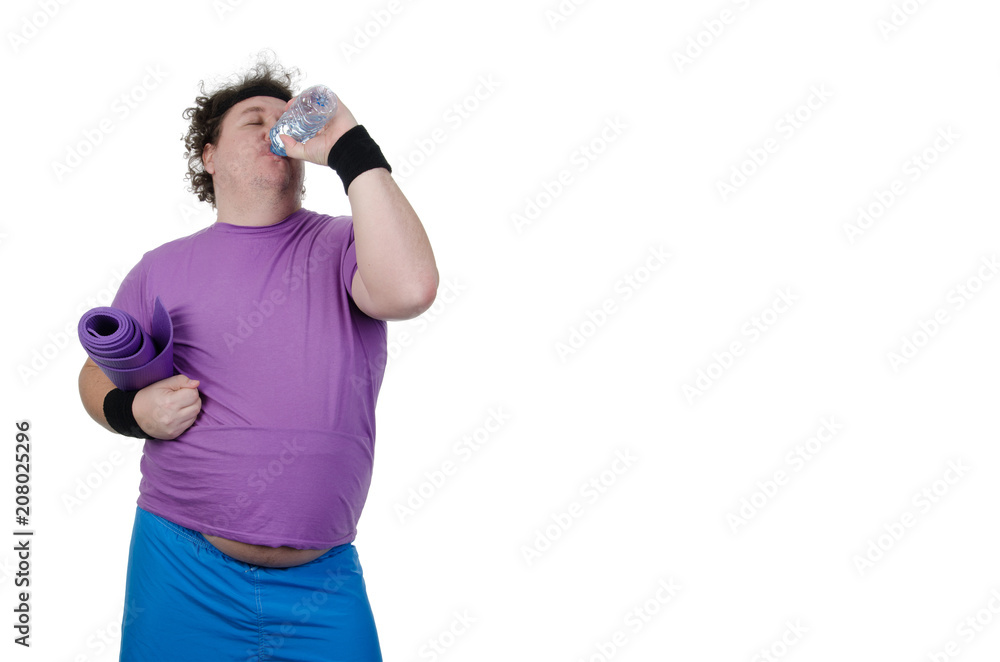 Funny fat man and fitness. White background. Funny fat man and fitness. White background.