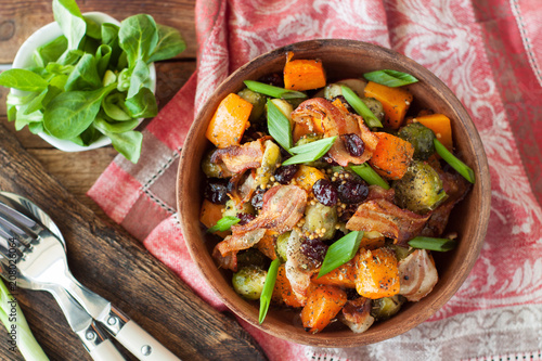Roasted pumpkin with brussels sprouts and bacon